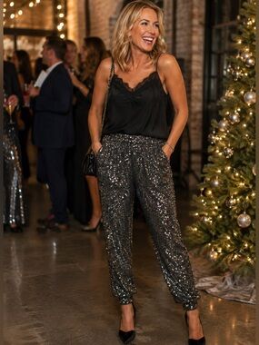 Cable & Gauge SEQUIN charcoal/silver MID WAIST TROUSERS PANTS
